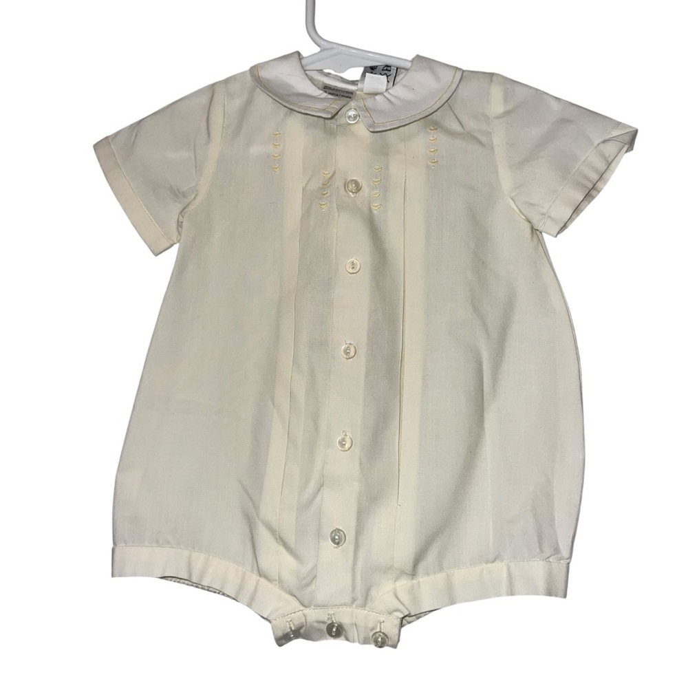 Sarah Louise Cream Baby Romper with Peter Pan Collar 6m pleated embroidered